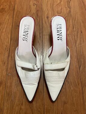 Franco Sarto Cream Pointed Toe Slip-On Mules with Red Trim